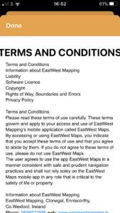 The EastWest Maps app terms and conditions screen