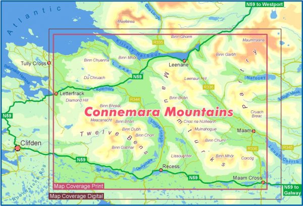 The back of the Connemara Mountains map showing an area that covers the Twelve Bens, Maumturks and Partry.